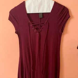 Maroon Lace Up Tee Shirt Dress